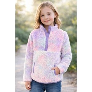 Cozy Sherpa Kids Pastel Tie Dye Fleece Pullover Mock Neck Snap Button Jacket 7/8